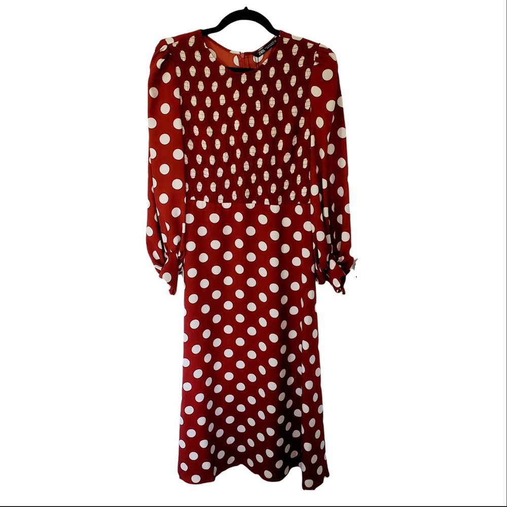 Zara Smocked Polka Dot Midi Dress